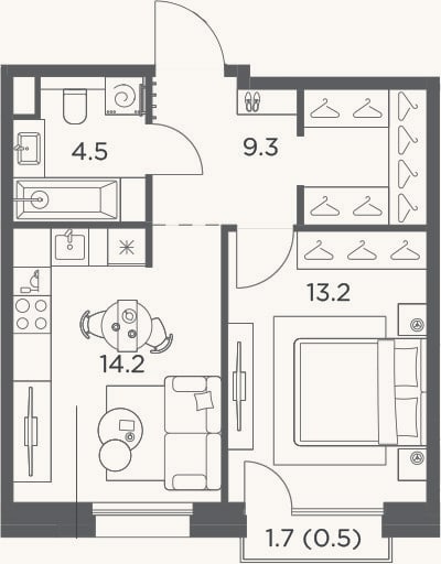 Планировка: 1-к, 41,2 м²