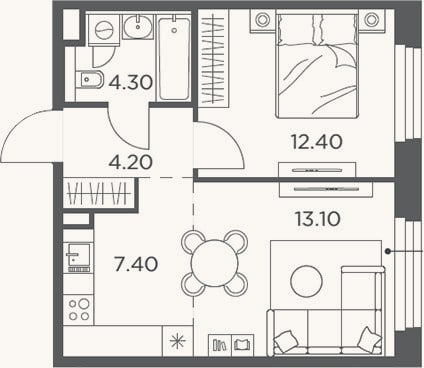 Планировка: 2-к, 41,4 м²