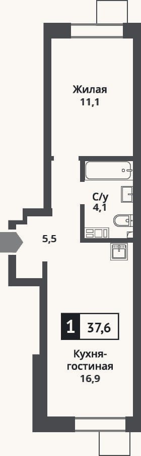 Планировка: 2-к, 37,6 м²