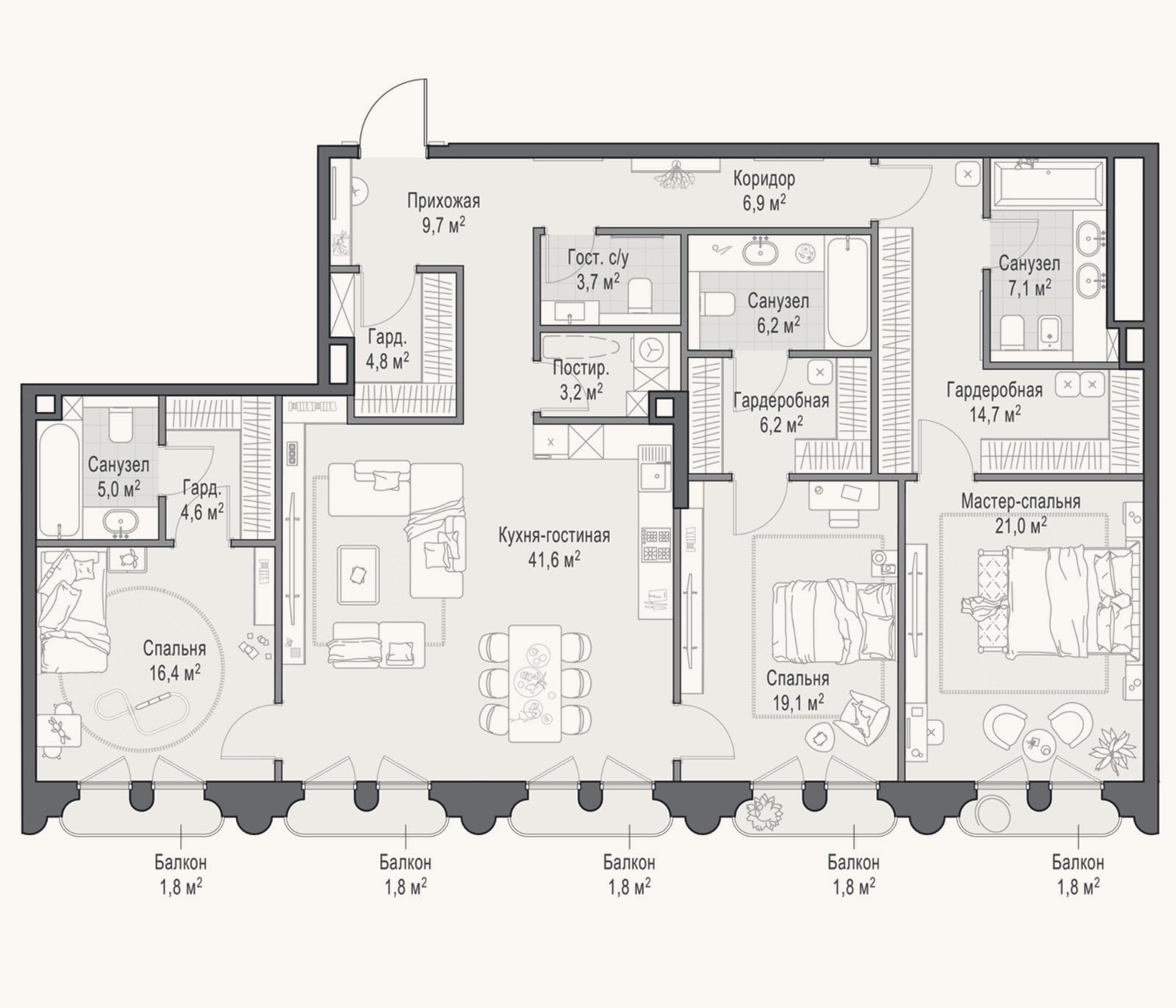 Планировка: 4+ к, 174,7 м²