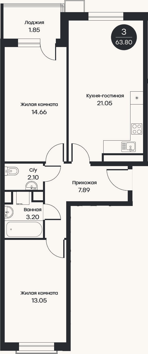 Планировка: 3-к, 62 м²