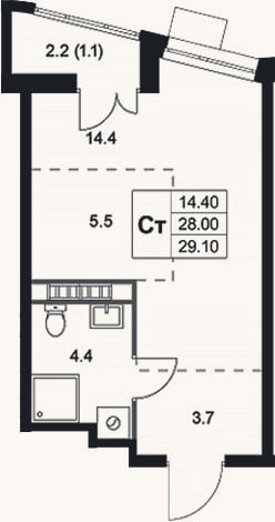 Планировка: Студия, 28 м²