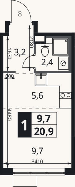 Планировка: Студия, 20,9 м²