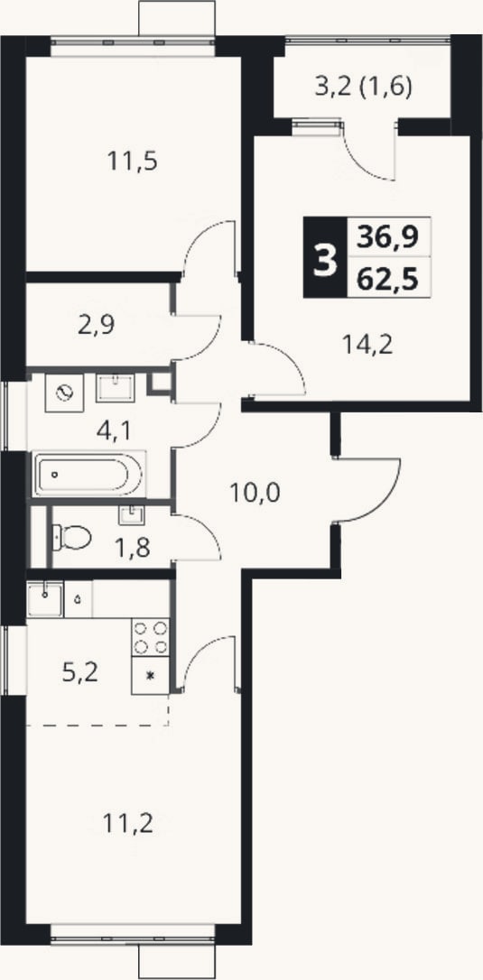 Планировка: 3-к, 60,9 м²