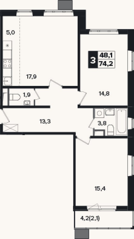Планировка: 3-к, 72,1 м²