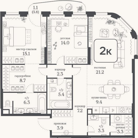Планировка: 2-к, 100,1 м²