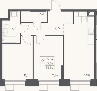 Планировка: 3-к, 55,6 м²
