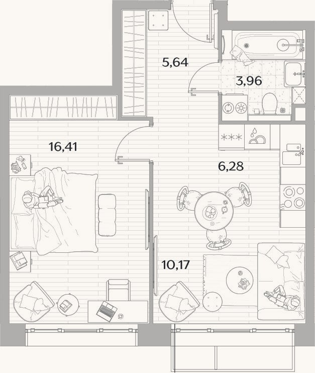 Планировка: 2-к, 42,5 м²