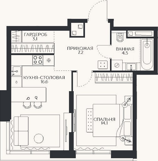 Планировка: 1-к, 45,5 м²