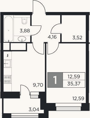Планировка: 1-к, 33,9 м²