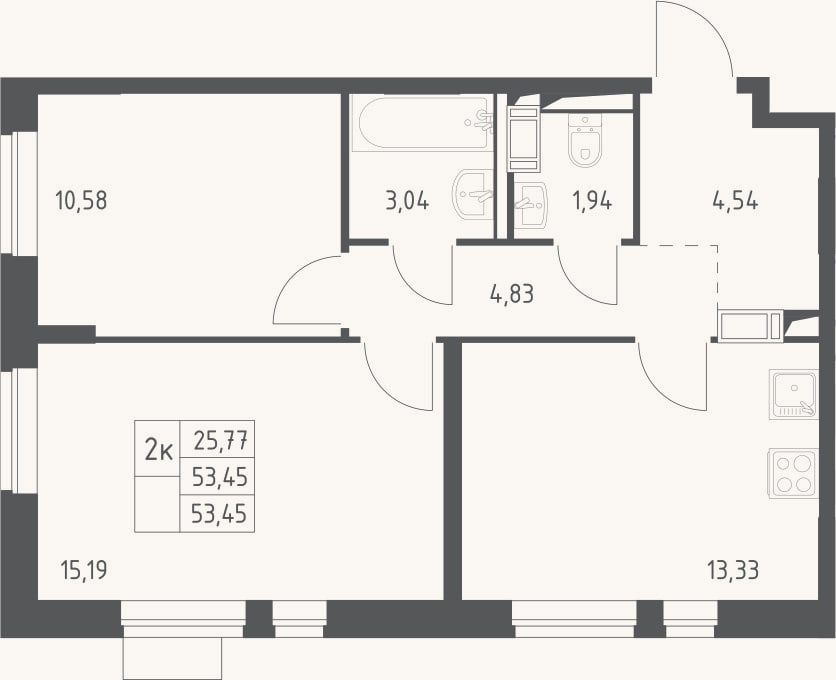 Планировка: 2-к, 53,5 м²