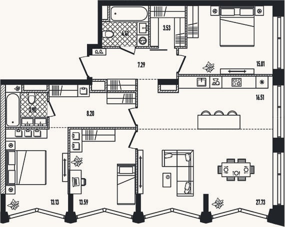 Планировка: 4+ к, 113,3 м²