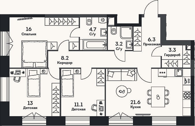 Планировка: 3-к, 87,4 м²