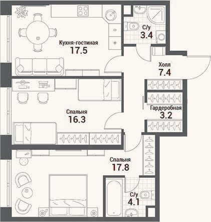 Планировка: 3-к, 69,7 м²