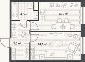 Планировка: 1-к, 38,6 м²