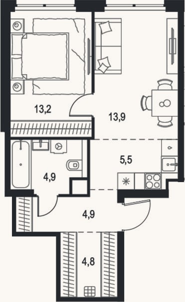 Планировка: 2-к, 47,2 м²