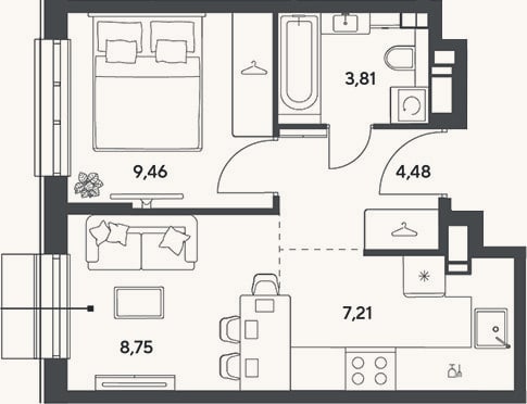 Планировка: 2-к, 33,7 м²