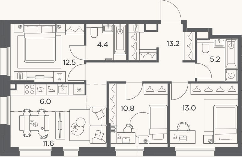Планировка: 4+ к, 76,7 м²