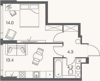 Планировка: 1-к, 35,9 м²