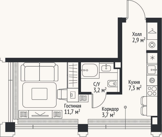 Планировка: Студия, 28,8 м²
