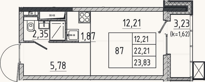 Планировка: Студия, 22,2 м²