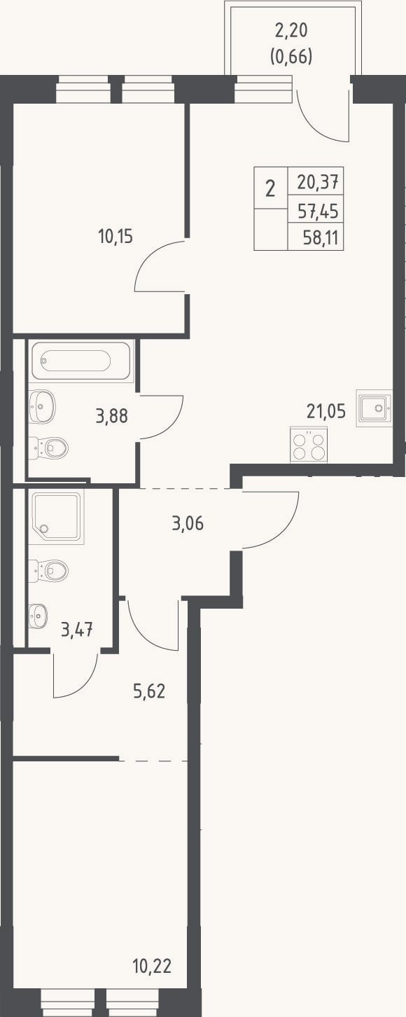 Планировка: 3-к, 57,5 м²
