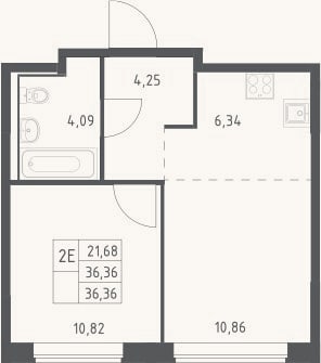 Планировка: 2-к, 36,4 м²