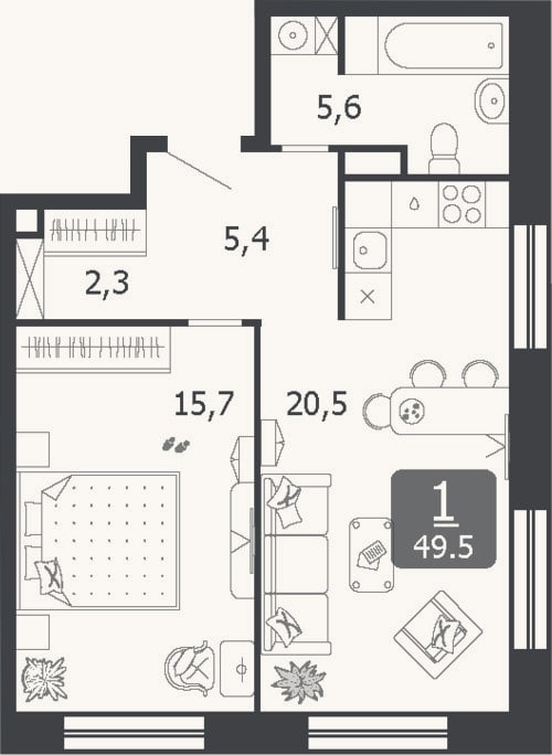 Планировка: 2-к, 49,5 м²