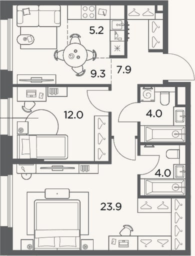 Планировка: 3-к, 66,3 м²