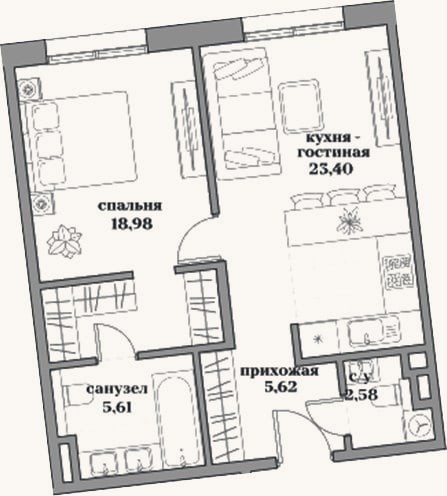 Планировка: 2-к, 56,2 м²
