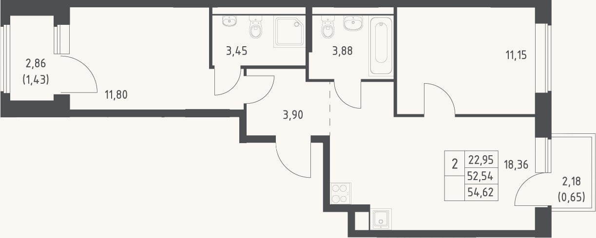 Планировка: 3-к, 52,5 м²