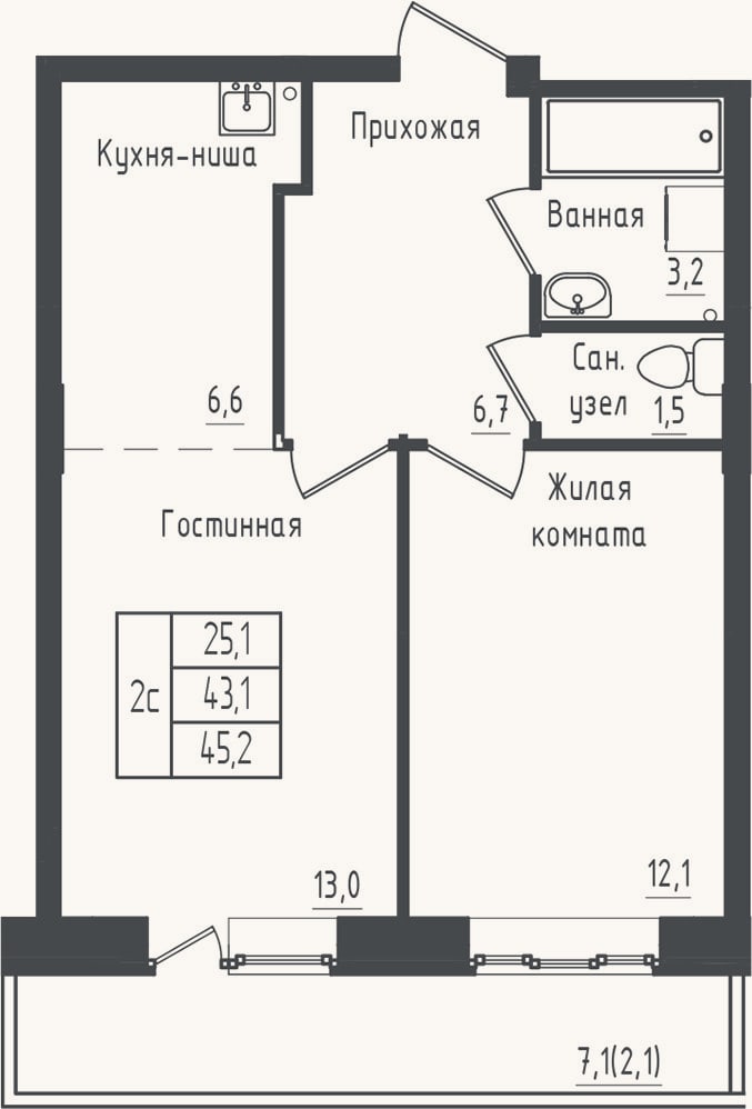 Планировка: 1-к, 43,1 м²