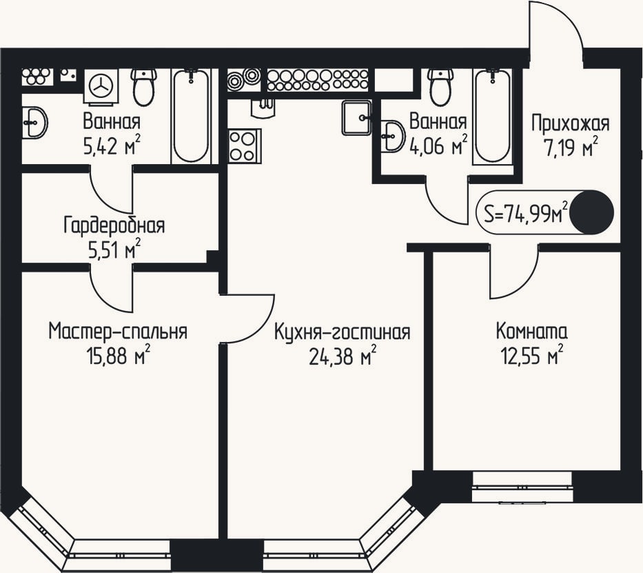 Планировка: 2-к, 75 м²