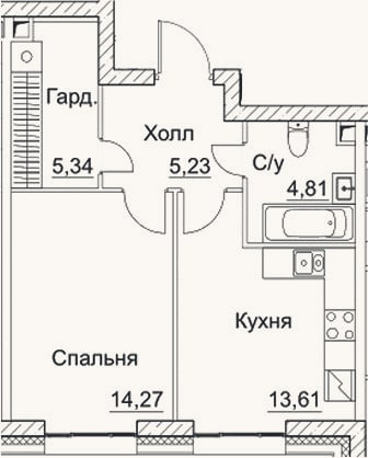 Планировка: 1-к, 43,3 м²