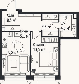 Планировка: 2-к, 45,6 м²