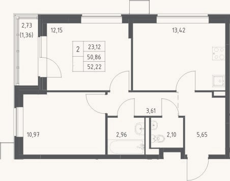 Планировка: 2-к, 50,9 м²