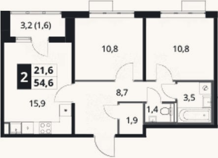 Планировка: 2-к, 53 м²
