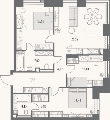 Планировка: 4+ к, 96,3 м²