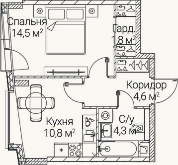 Планировка: 1-к, 36 м²