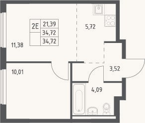 Планировка: 2-к, 34,7 м²