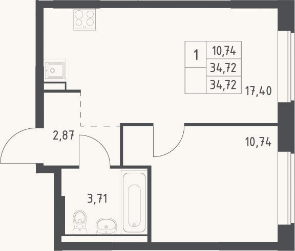 Планировка: 2-к, 34,7 м²