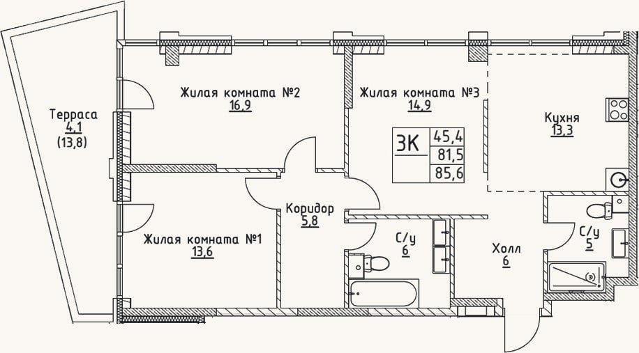 Планировка: 3-к, 81,5 м²