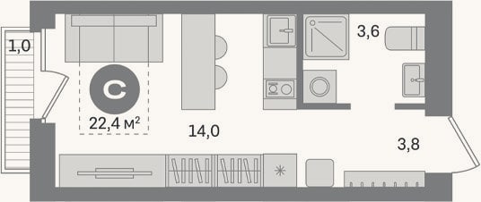 Планировка: Студия, 21,4 м²