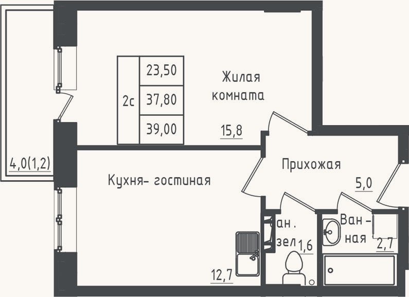 Планировка: 1-к, 37,8 м²