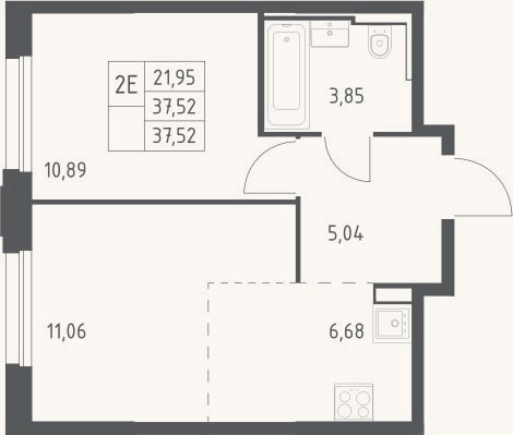 Планировка: 2-к, 37,5 м²