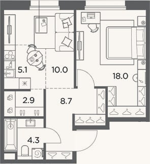 Планировка: 2-к, 49 м²