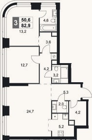 Планировка: 3-к, 82,9 м²