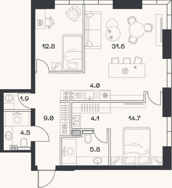 Планировка: 3-к, 88,1 м²