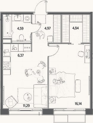 Планировка: 2-к, 48,2 м²