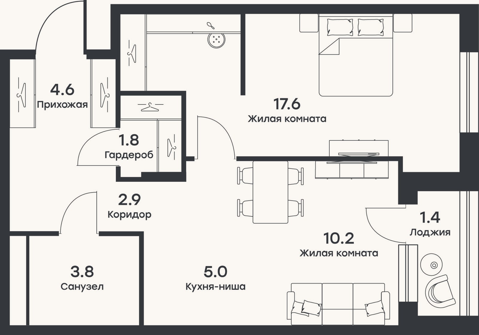 Планировка: 2-к, 44,5 м²